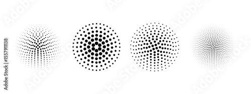 Set of dotted circles with halftone effect. Collection of round shapes with polka dot print isolated on white background. Simple circular design elements. Vector graphic illustration.