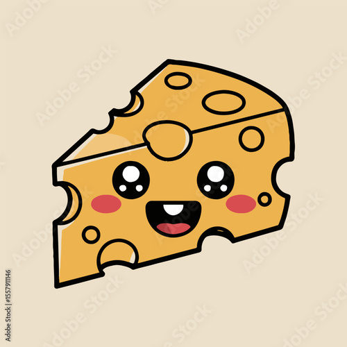 Cartoon cheese wedge with kawaii face and holes on a light beige background illustration style art