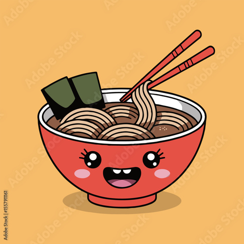 Cartoon ramen bowl with a smiling face and chopsticks holding noodles on a yellow background
