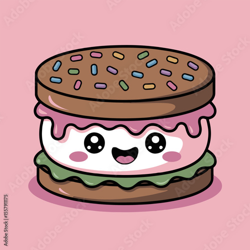 Cartoon illustration of a cute ice cream sandwich with sprinkles on a pink background design art