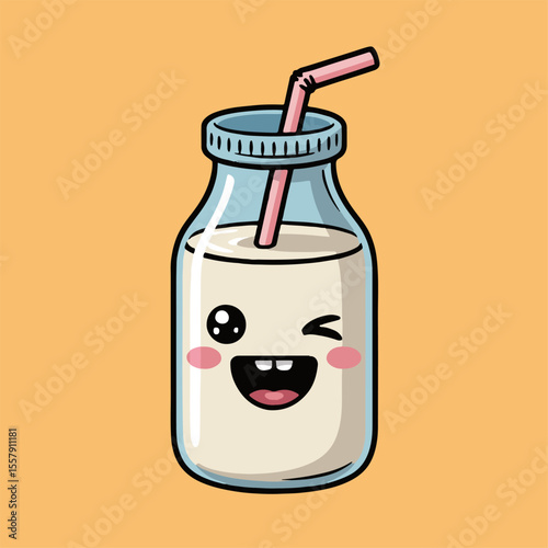 Cartoon milk bottle with a pink straw and a winking face on an orange colored background image