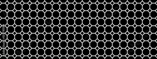Tile floor or wall pattern with repeated hexagon and square shapes. Mosaic texture in vintage style. Cafe or restaurant interior ornament. Black and white geometric print. Vector graphic illustration.