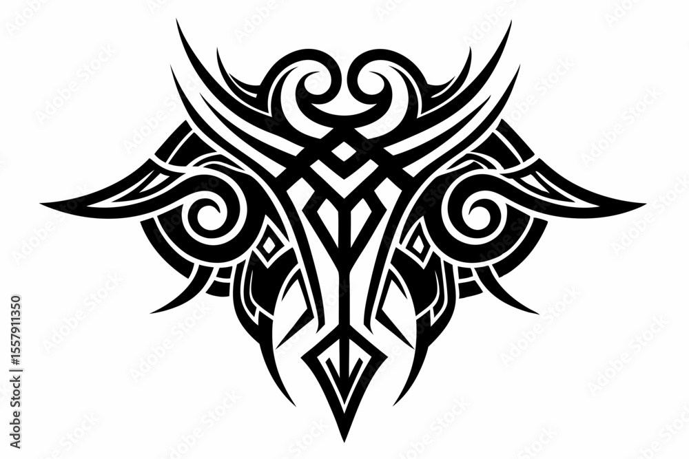 Obraz premium Stylized black tribal tattoo design featuring sharp curves, pointed edges, and an abstract flame-like form. 