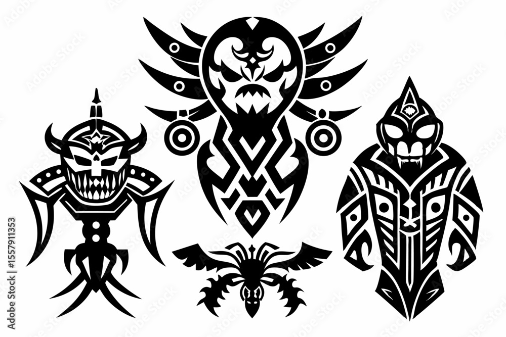 Obraz premium Stylized black tribal tattoo design featuring sharp curves, pointed edges, and an abstract flame-like form. 