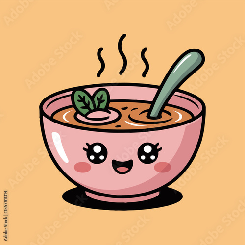 Cartoon bowl of soup with a face and spoon on a peach background with steam rising from the soup
