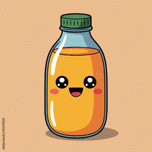 Cartoon bottle of orange juice with a cute face and green cap on a peach colored background image
