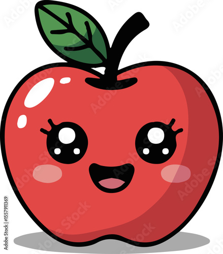 Illustration of a cute red apple with a leaf and a smiling face on a white background surface