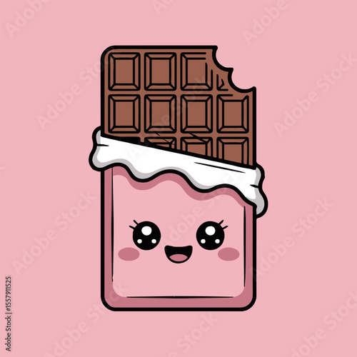 A cartoon chocolate bar with a bite taken out of it and a cute face on a pink background illustration