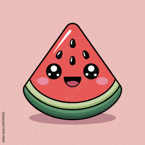 A cartoon watermelon slice with big eyes and a smile on a pink background illustration style image