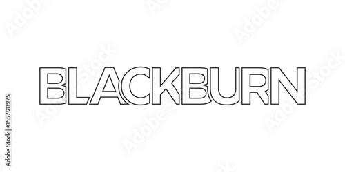 Blackburn city in the United Kingdom design features a geometric style illustration with bold typography in a modern font on white background.