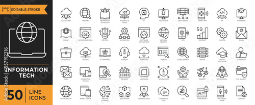 Information technology outline icon set. Containing IT network, data, internet, website, and more. Editable stroke. Vector illustration