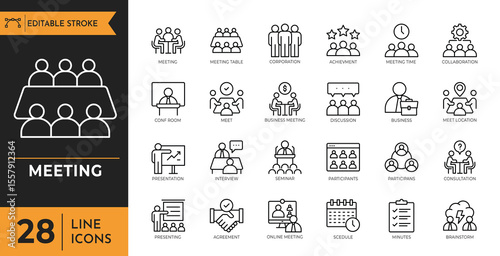 Meeting outline icon set. Containing Business meeting, conference, planning, presentation, discussion, conversation, and more. Editable stroke. Vector illustration
