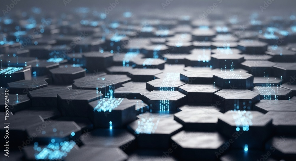 Fototapeta premium Futuristic Hexagonal Grid with Glowing Blue Data Flow Representing Advanced Technology, Network Connections, and Digital Transformation in a Cybernetic Landscape.