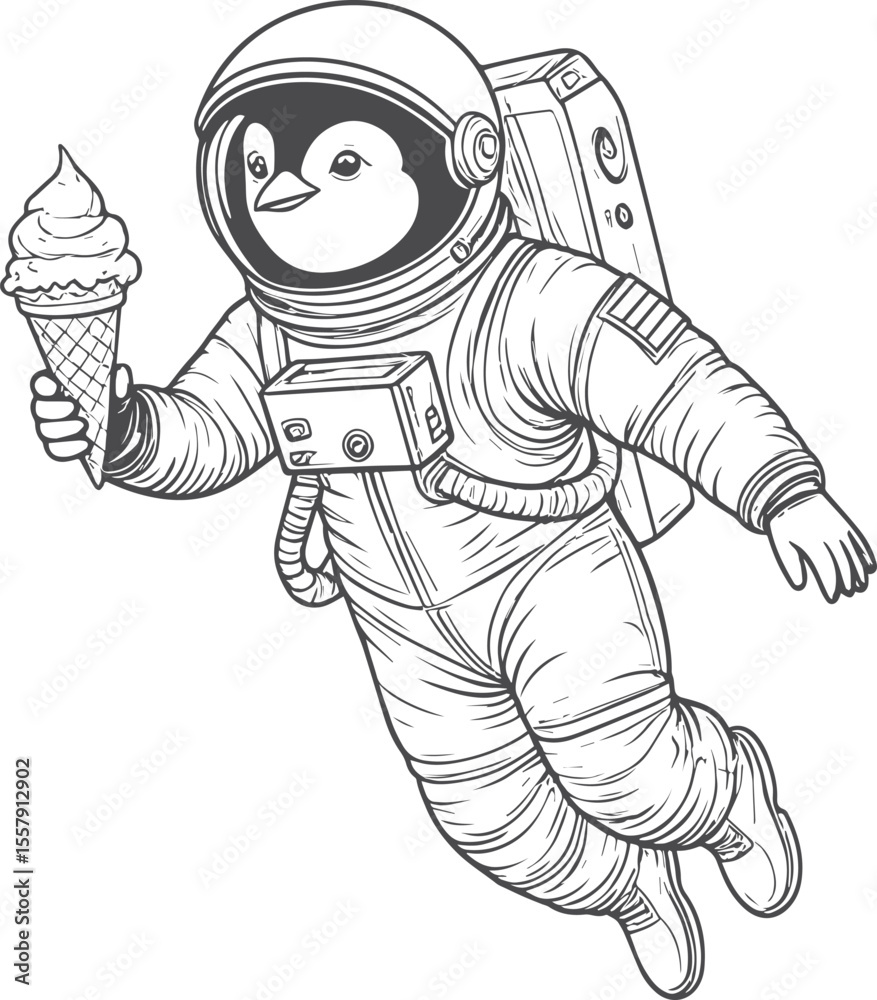 Fototapeta premium Whimsical Space Penguin: Astronaut Enjoying Ice Cream in Zero Gravity