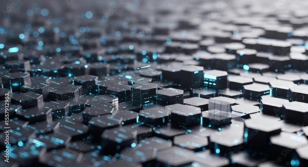 Obraz premium Futuristic Abstract Digital Network Background with Glowing Blue Hexagonal Structures Representing Advanced Technology, Data Flow, and Connected Systems.