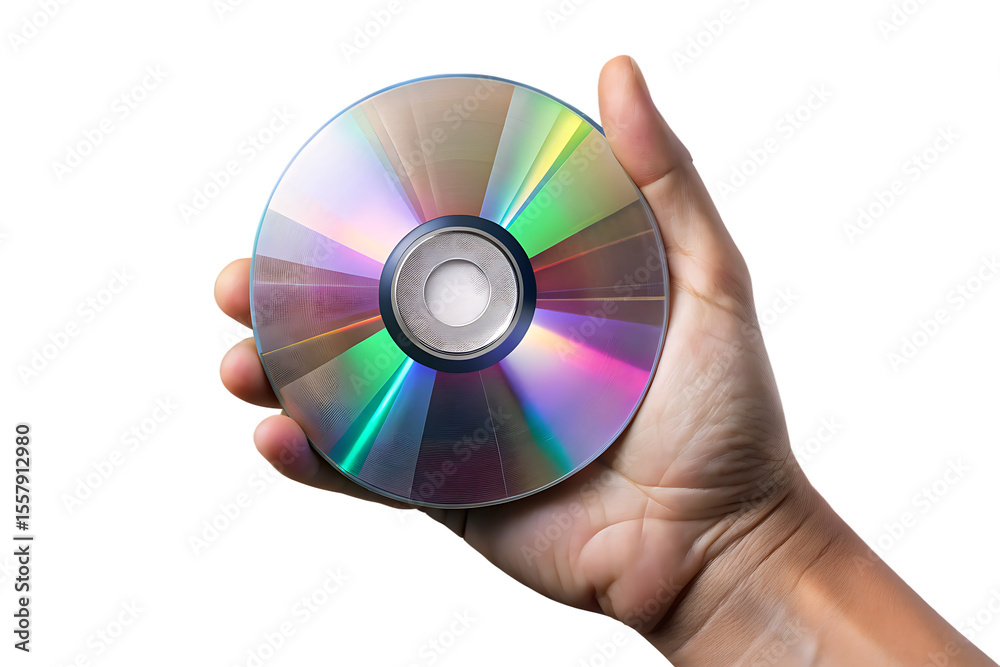 Human hand holding a shiny compact disc with rainbow reflections isolated on a transparent background Human hand holding a shiny compact disc with rainbow reflections isolated on a transparent background
