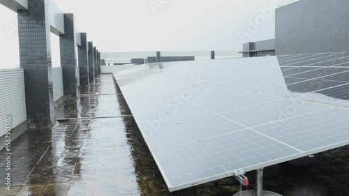solar panels in a rain day at horizontal composition video with sound