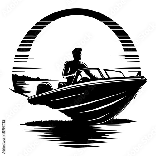 A black and white silhouette of a lifeguard floating on a motorboat on a white isolated background. Vector graphics. EPS.