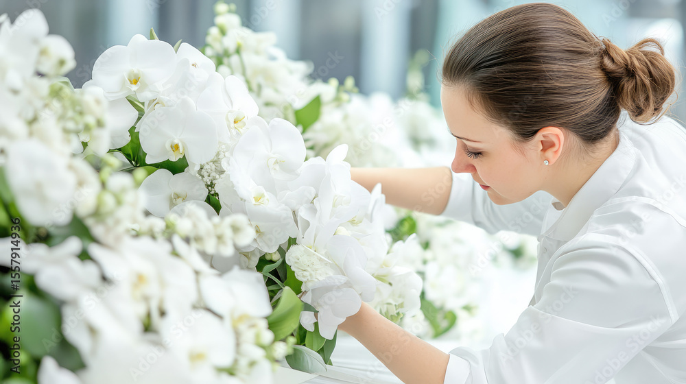 A woman carefully arranges a bouquet of white flowers. Floral arrangement, attention to detail A woman carefully arranges a bouquet of white flowers. Floral arrangement, attention to detail