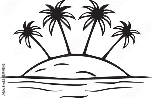 Outline Style Tropical Island Vector — Palm Tree Silhouette Minimalist Design