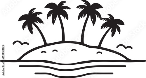 Clean Tropical Island Silhouette in Line Art Style — Vector Graphic On White Background