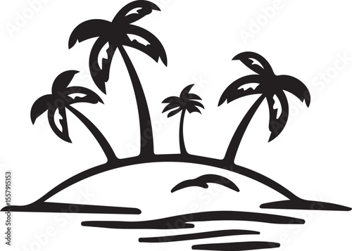 Simple Beach Island Line Art Vector — Tropical Palm Tree Silhouette