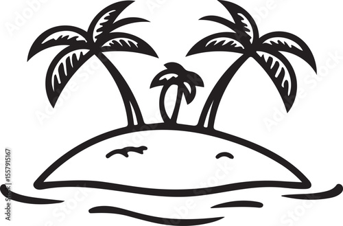 Flat Line Art Tropical Island Icon — Palm Trees and Waves Vector Illustration