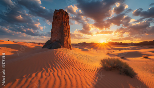 isolated sandstone monolith casting long shadow across dune covered valley, sun setting behind rock, dramatic desert mood