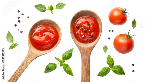 Ketchup tomato sauce in wooden spoon with green leaves and syzygium aromaticum isolated on white background 