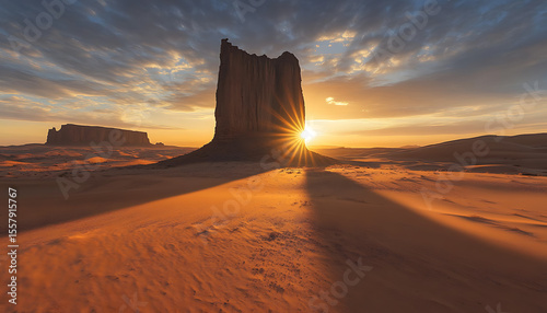 isolated sandstone monolith casting long shadow across dune covered valley, sun setting behind rock, dramatic desert mood
