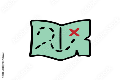 The map is light green with bold black outlines, displaying a dashed path that curves around before ending at a bold red "X" — the classic symbol for a hidden treasure spot.