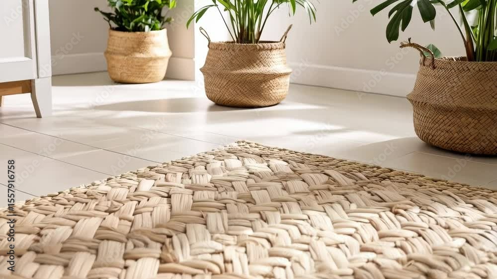 Woven textured straw floor rug with wicker plant baskets and tile flooring conveys natural home decor and sustainable interior design elements.