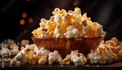 close up shot of freshly popped popcorn against a dark background presenting vivid textures and popping details this visual highlights the food s iconic appeal synonymous with snacking and movies