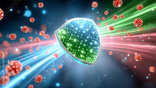 An abstract illustration depicting a shield protecting against viruses, with vibrant colors symbolizing immunity and defense against pathogens.