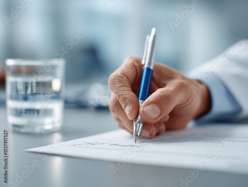 A professionals hand signing documents with a pen, conveying authority, trust, and attention to detail. Ideal for healthcare, business, or legal themes.