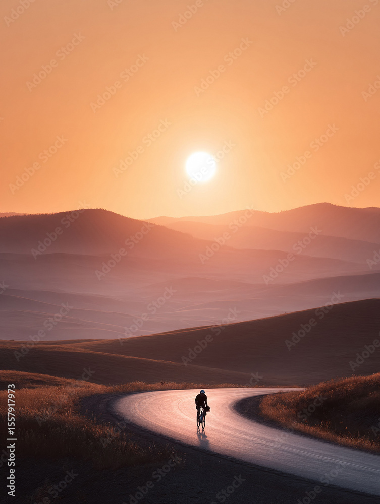 Fototapeta premium A cyclist rides into the sunset on a winding road through golden hills. Dramatic landscape, travel, active lifestyle, adventure concept. Use for health, fitness, or motivational campaigns.