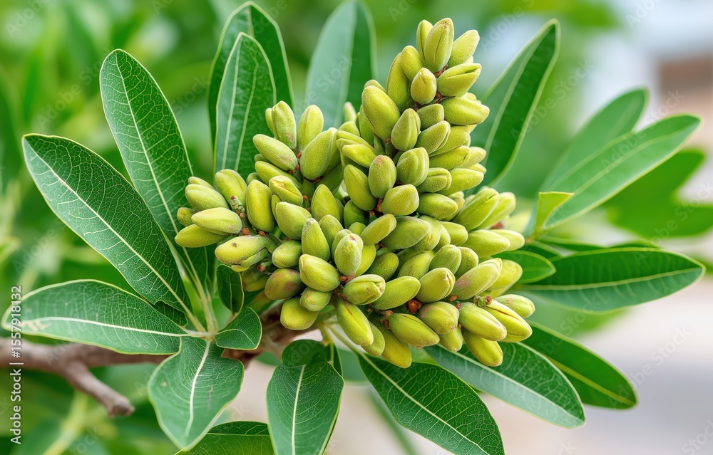 Obraz premium Detail of unripe pistachio cluster with textured leaves in summer sunlight
