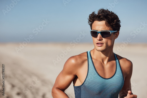 focused triathlete portrait positioned on right side of frame set against light minimalist landscape