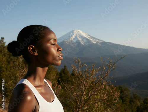 Fitness, calmness and deep breathing of a Black woman outdoors in nature, with mountains and a blue sky in the background, for yoga wellness, meditation, and zen energy. Face of a young woman breath