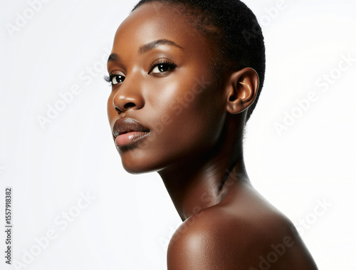 young black woman skin care beauty concept, flawless skin, studio shot, white background