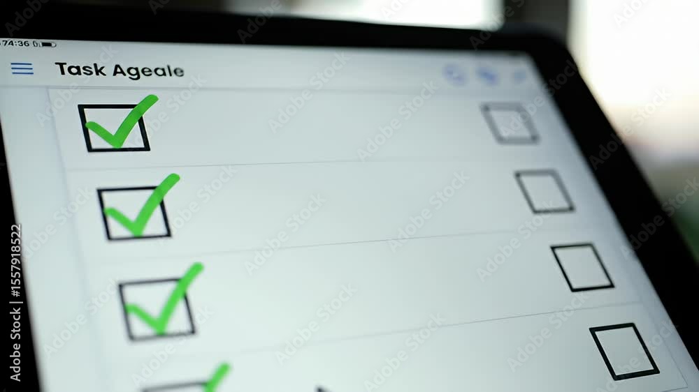 Digital task list on tablet screen, one item completed with a green check