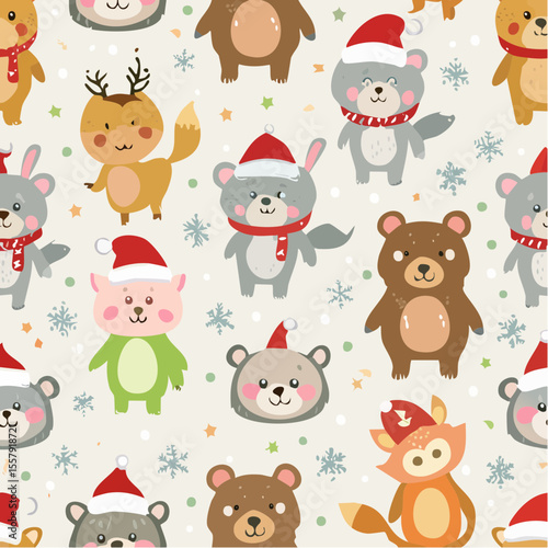 Adorable seamless Christmas pattern with cartoon animals wearing Santa hats, including bears