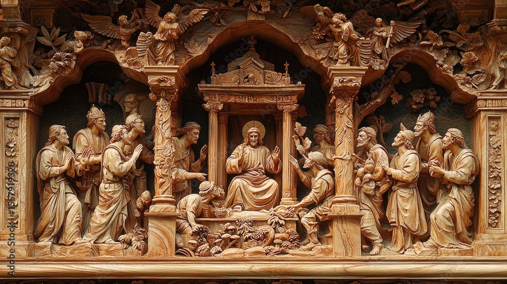 Fototapeta premium Intricate wooden carving depicting a religious scene.