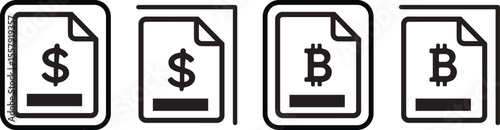 Set of financial document icons featuring dollar and bitcoin symbols on paper sheets.