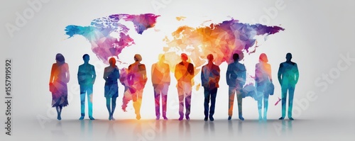 Interest rates and inflation in the world economy concepts. Silhouettes of diverse people stand in front of a colorful polygonal world map, symbolizing global connection and collaboration.