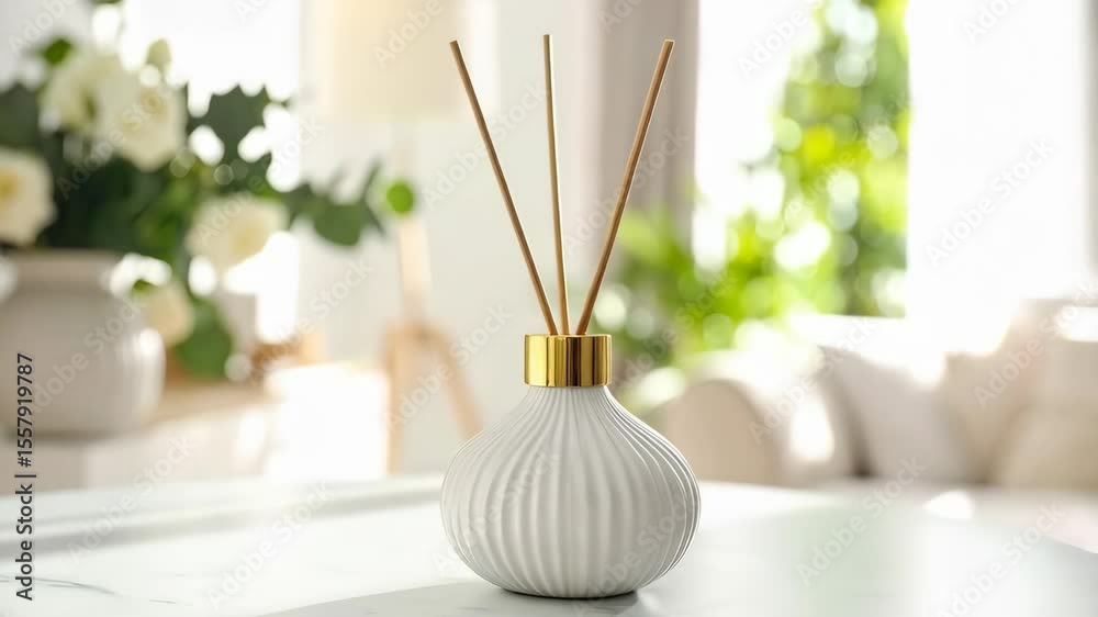 Aroma diffuser with wooden sticks on marble table in a bright, airy room filled with natural light creating a relaxing atmosphere