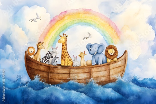 Watercolor painting of noah's ark with lion, giraffe, elephant, zebra, dove, goat and cat, with rainbow behind the boat, clouds and sunlight in the sky, blue water