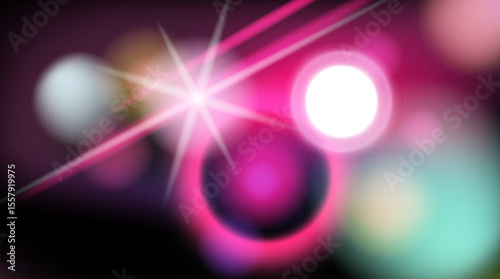 Vivid vector illustration of a glowing burst with spiked rays, in modern digital and neon style. Features yellow, blue, pink, purple colors with soft circles and bright star shapes.