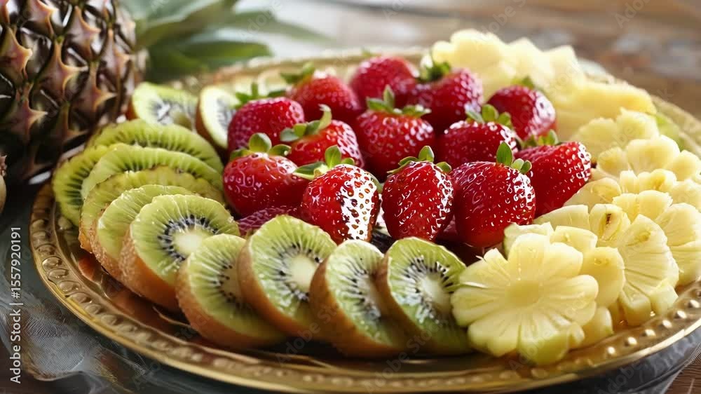 Sliced kiwi pineapple and strawberries are artfully arranged on a golden tray, creating a vibrant and appetizing display of fresh fruit