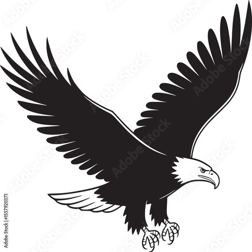 A black and white illustration of an eagle with its wings spread wide on a white background image